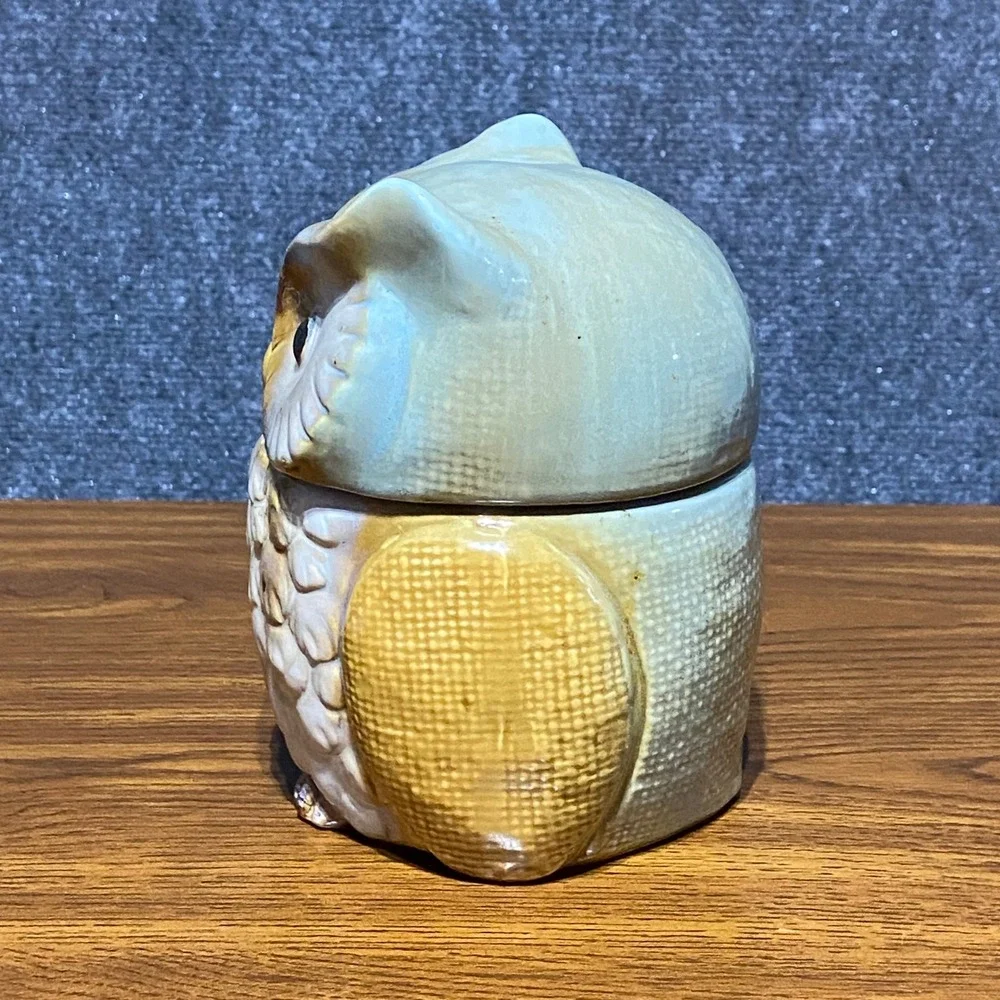 Vintage Ceramic Owl Cookie Jar Canister and Salt‎ Pepper Shaker Set Brown Blue